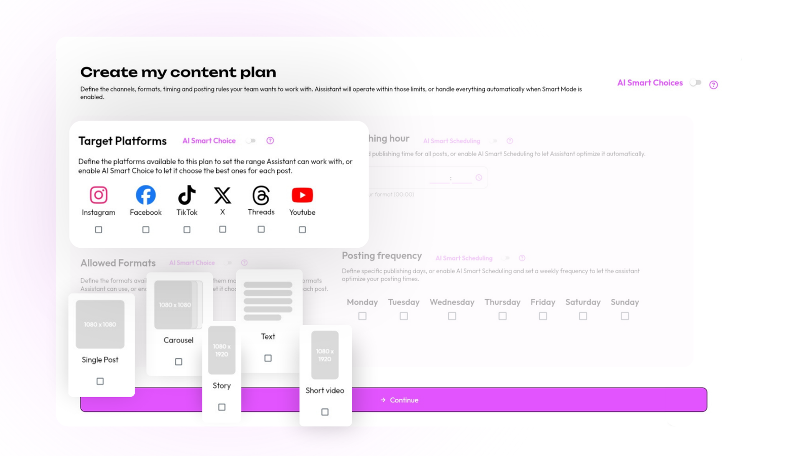 Configuring platforms, formats and rules for a content plan in Aissistant