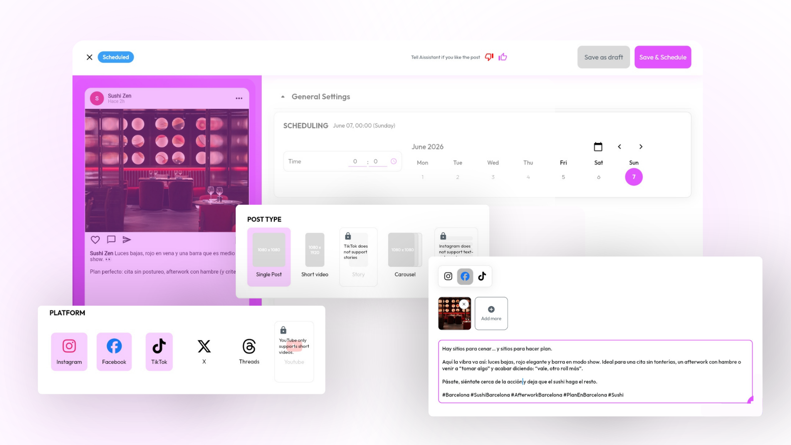 Manually editing a post's caption, platform and timing in Aissistant