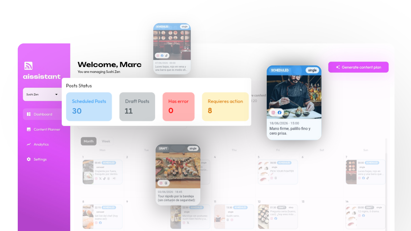 Aissistant content planner calendar view